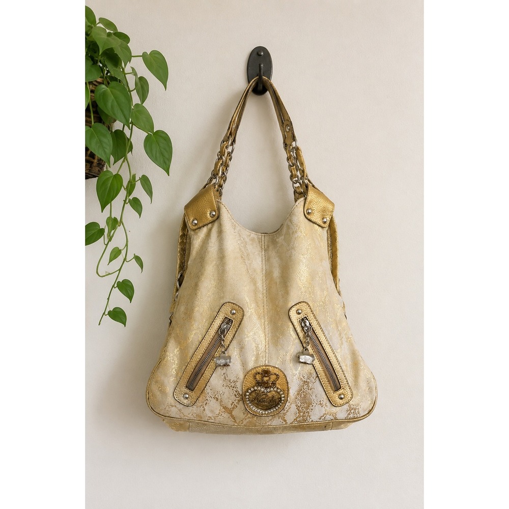 Kathy Van Zeeland Gold Metallic Studded Bag Y2K Glam Slouch Purse Vintage Bold